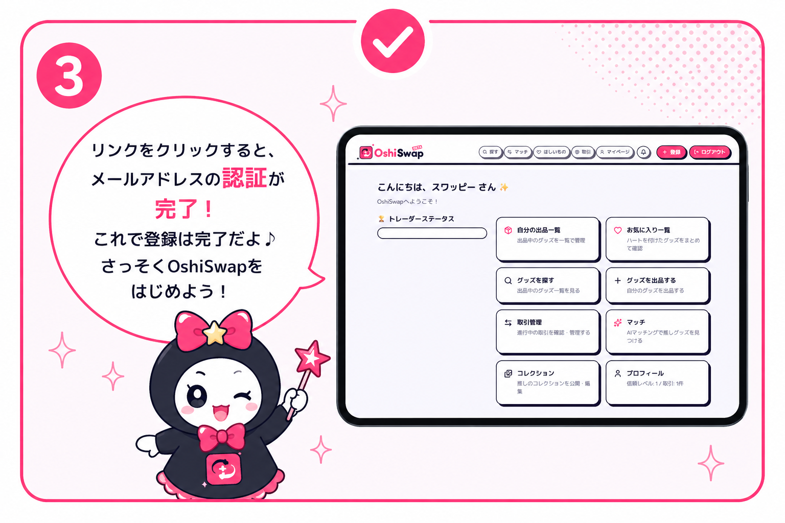 スワッピーがダッシュボードの解説をしている
